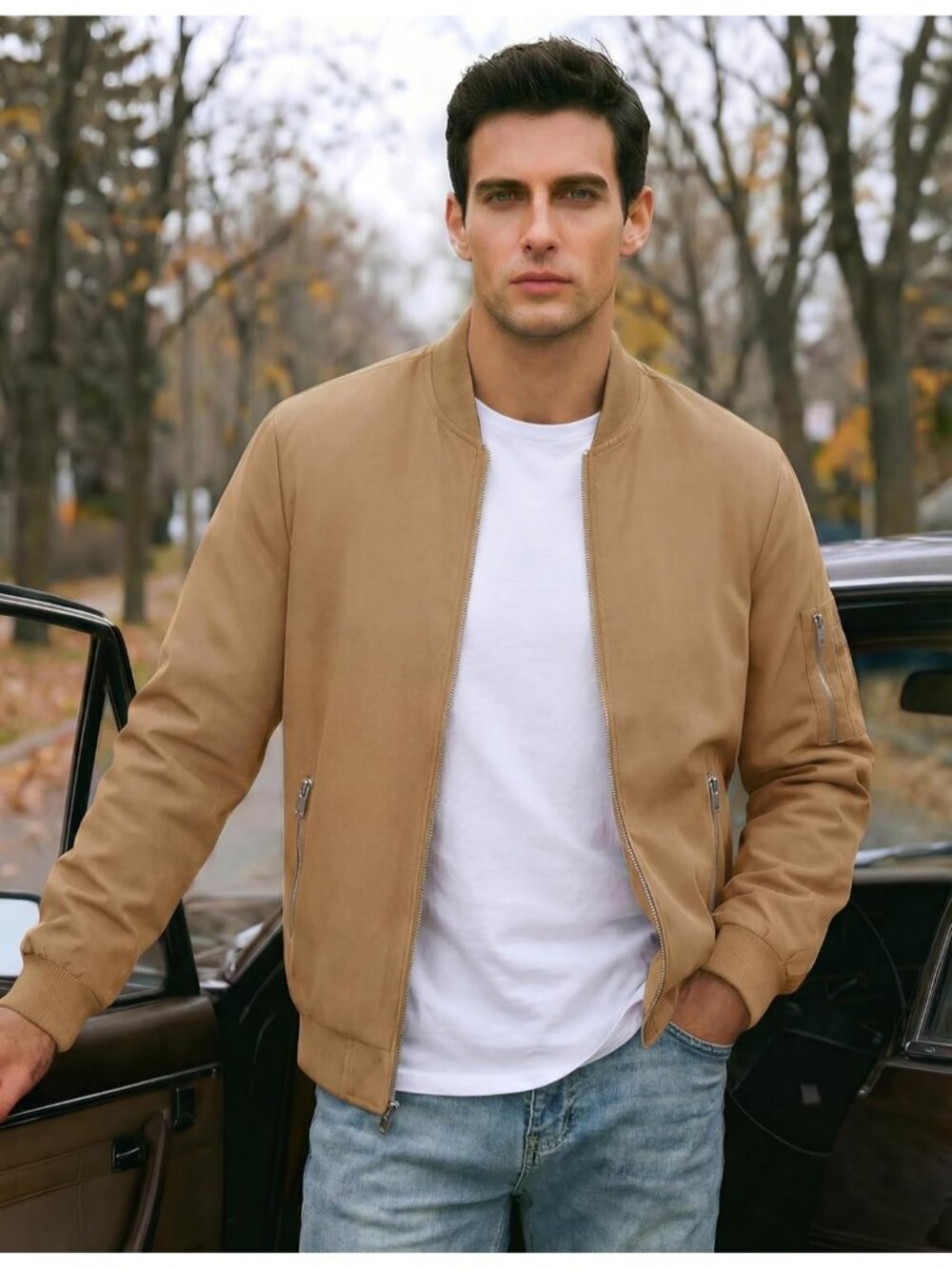 Men's Khaki Polyester Full Zipper Stand Collar Pockets Windbreaker Bomber Jacket - Picture 2 of 6